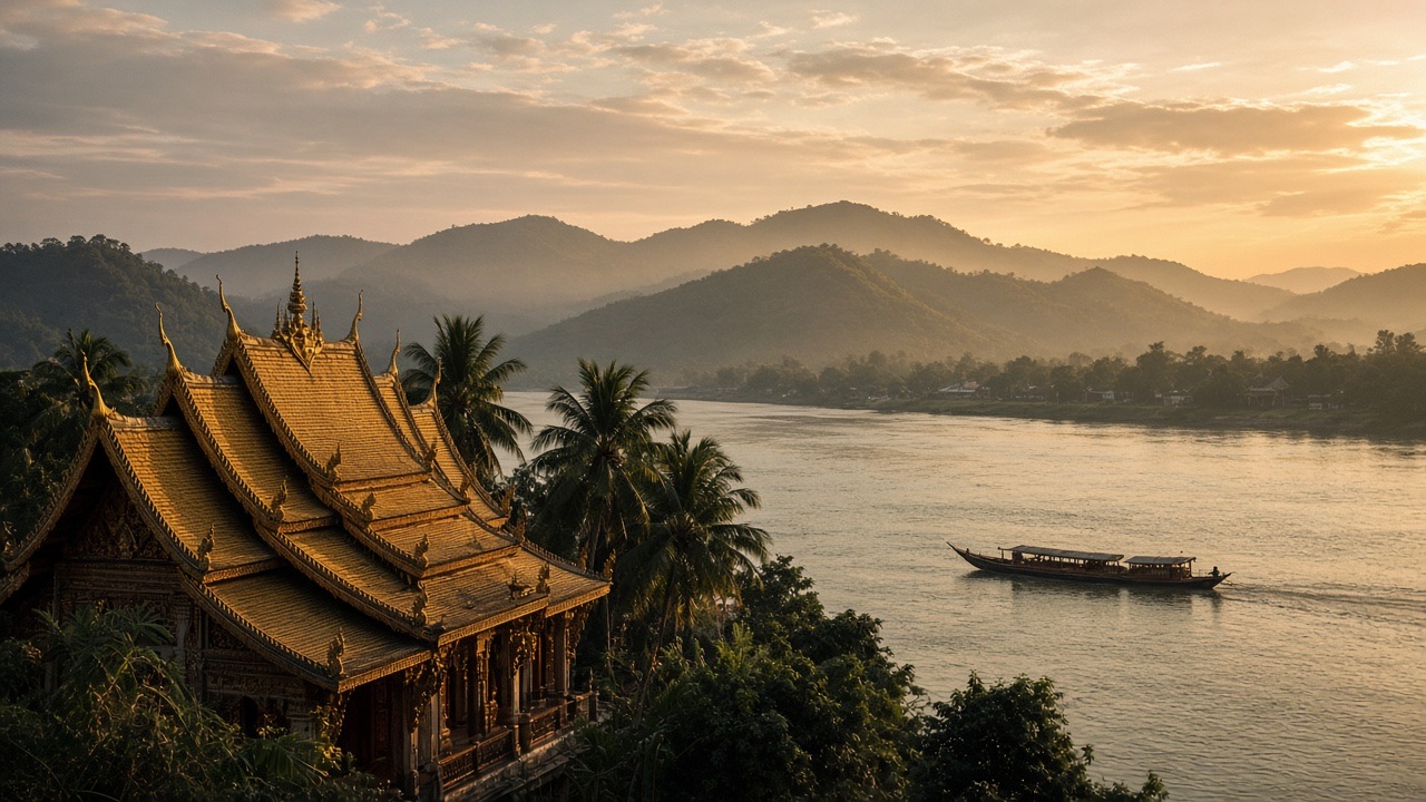 Temple roofs above the Mekong at Luang Prabang, Laos